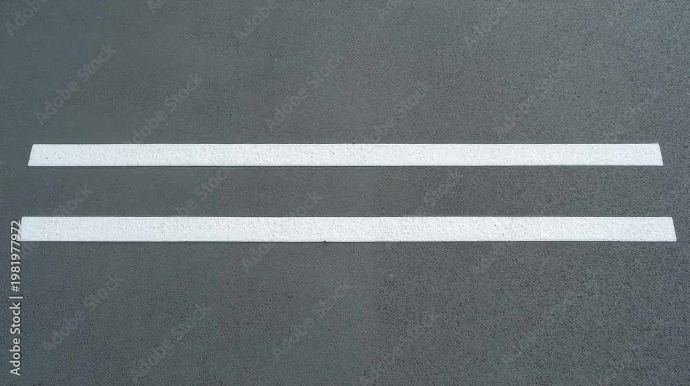 Fototapeta premium Clean and Minimalistic Gray Asphalt Surface with Two Parallel White Lines Marking a Road for Transportation or Pedestrian Guidance