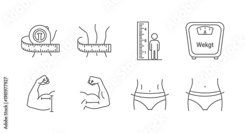 Health and fitness icons measuring body weight height and muscles