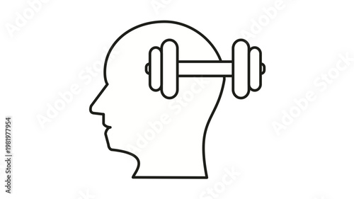 Mental health and brain training vector icon illustration featuring a human head profile with a dumbbell, symbolizing psychological strength, cognitive fitness, mental exercise, and resilience.