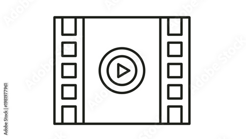 Minimalist black line art vector icon of a film strip with a play button in the center, representing video playback, movie production, multimedia content, cinema, and digital media entertainment.