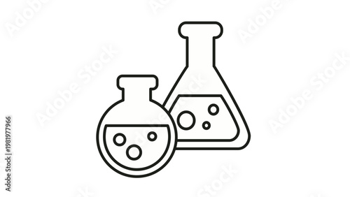Black outline vector icon of laboratory flasks, including an Erlenmeyer flask and a round-bottom flask with bubbling liquid, representing science, chemistry experiments, and research.