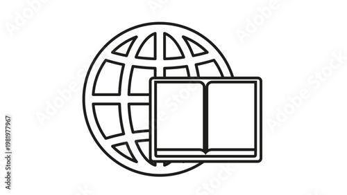 Tableau sur toile Black line art vector icon of an open book in front of a globe, symbolizing global education, international knowledge, world literature, online learning, academic research, and literacy
