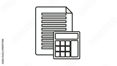 Accounting and financial planning vector icon featuring a document and calculator. Minimalist black line art symbol for business administration, tax calculation, and bookkeeping services.