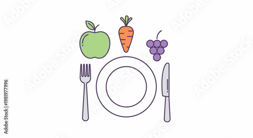 Healthy food arrangement with plate cutlery apple carrot and grapes