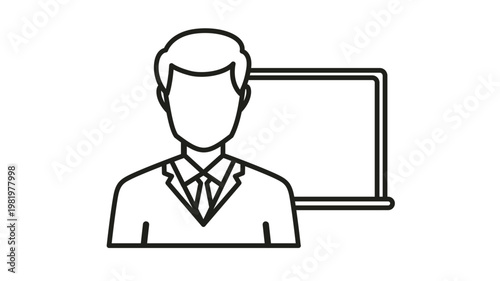Black line art vector icon illustration of a professional man, teacher, or lecturer in a suit and tie standing before a whiteboard or presentation screen, ideal for education and business concepts.