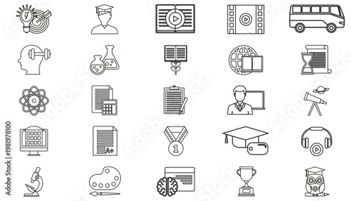 Vector Icon Set of 25 Black Minimalist Symbols for Education, Science, Business, and Technology. Includes Graduation, Laboratory Flasks, Books, Microscope, Trophy, AI, and Multimedia Graphics.