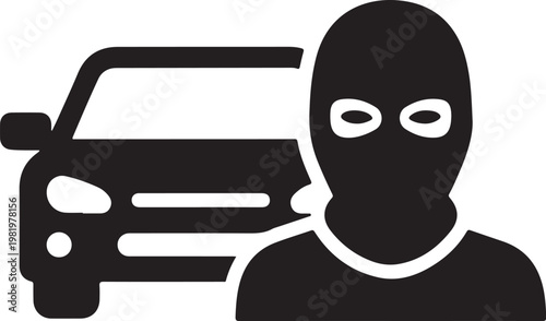 Car Thief Vector Icon - Balaclava Criminal and Vehicle Silhouette