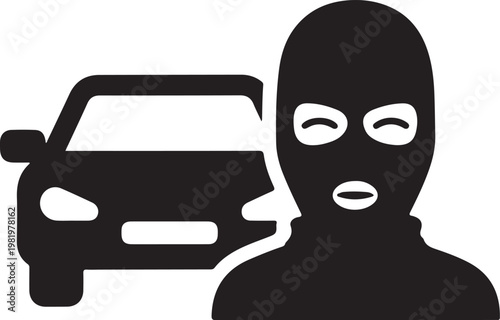 Car Thief Vector Icon - Balaclava Criminal and Vehicle Silhouette
