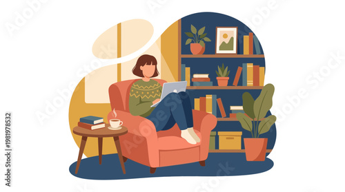 Woman Working on Laptop in Cozy Home Living Room Illustration