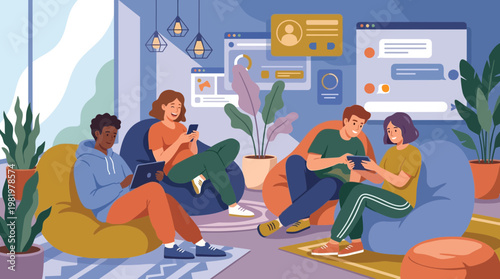 Diverse Young People Using Digital Devices in a Modern Lounge