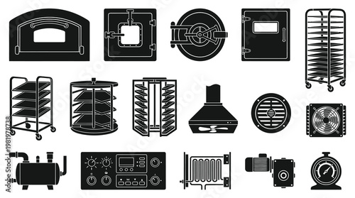 Bakery and Industrial Oven Heating Drying Equipment Monochrome Glyph Icons