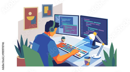Software Developer Coding at Dual Monitor Desk Illustration