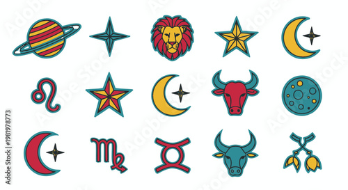 Zodiac Signs Astrology Symbols Planets Stars Moon Icons Set