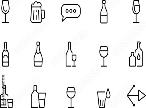 Alcohol and beverage icon set, professional bar and restaurant drink symbols with wine and beer vector