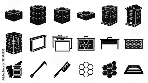 Beekeeping Equipment Icons Set, Black Glyph Art, Apiary Tools