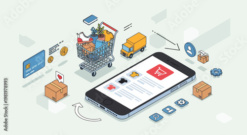 Ecommerce, online shopping, mobile commerce, digital payment, shopping cart, delivery