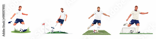 Set of four flat vector illustrations featuring a professional soccer player in action, wearing a white national team kit and kicking a football.