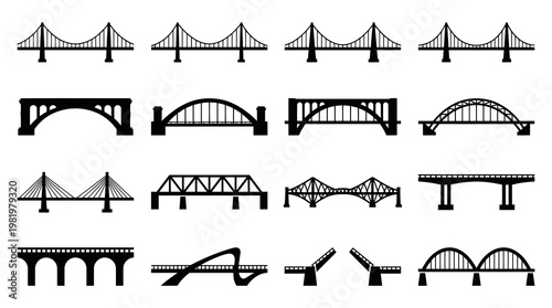 Construction Architecture Engineering Bridge Types Silhouette Vector Icons Set