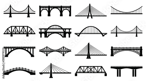 Black and White Vector Icons of Various Bridge Types, Construction Engineering