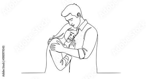 Couple embracing vector illustration showing a supportive man comforting his crying partner during a difficult emotional situation in a minimalist continuous single line art graphic style design