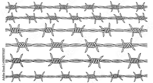 Barbed wire fence illustration featuring multiple horizontal metallic strands with sharp spikes for security boundaries isolated on a clean white background as a professional vector graphic design.