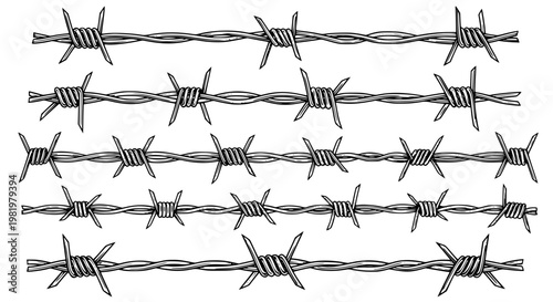 Barbed Wire Fence Vector Illustration Graphic Design Featuring Multiple Sharp Metal Strands on a Transparent Background for Security, Danger, or Boundary Concepts.