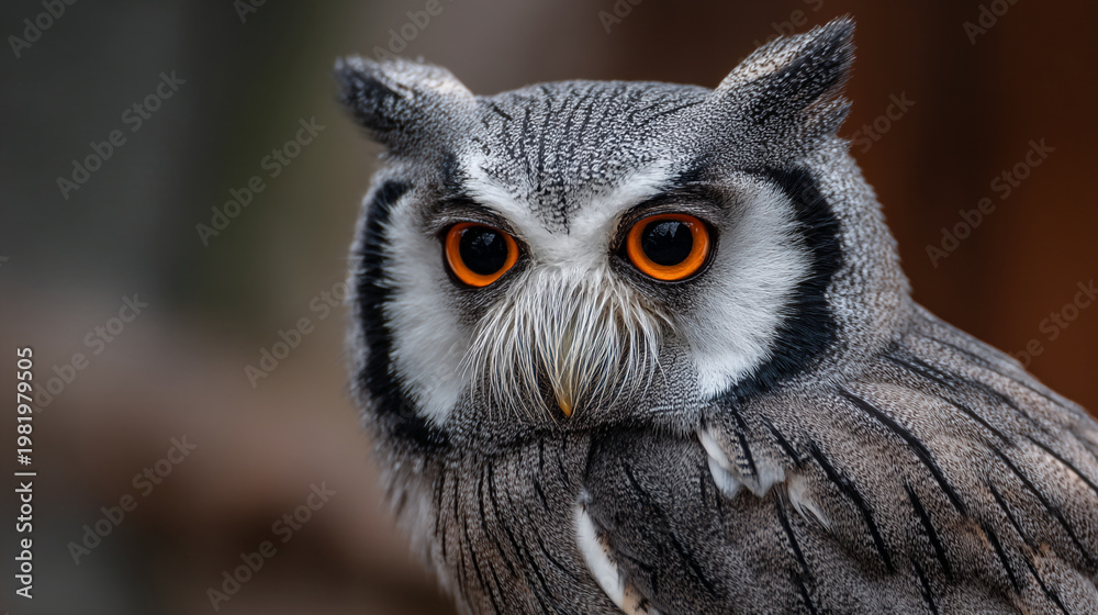 Fototapeta premium Southern white-faced owl portrait showing intense orange eyes and fluffy facial disk