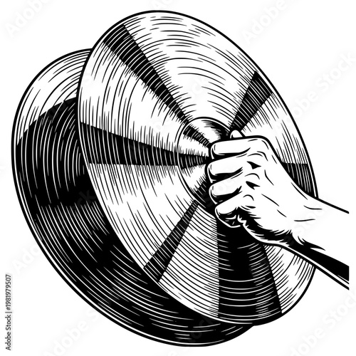 Cymbals musical instrument illustration featuring a hand holding percussion equipment for live performance isolated on a white background as a professional vector graphic for music industry design.
