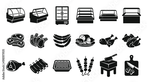 Butcher Shop Icons: Meat, Poultry, Deli, Equipment, Black  White Glyphs