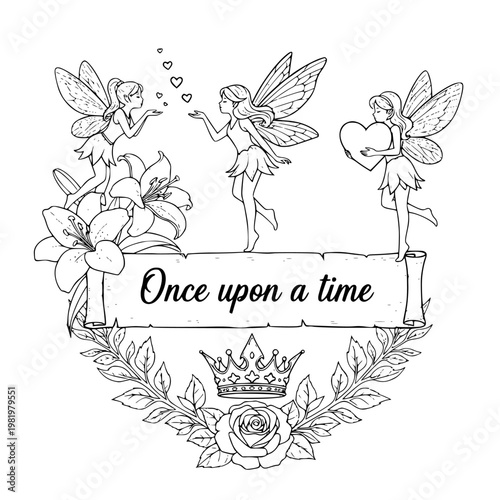 Charming fairy tale vector graphic illustration depicting three ethereal winged fairies, lovely blooming lilies, a majestic crown, a delicate rose, and an antique scroll with text.