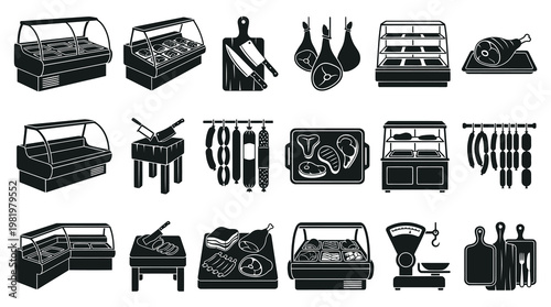 Black and white vector icons of butcher shop equipment and food