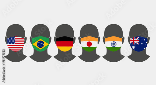 People silhouettes wearing face masks with country flags for global health awareness