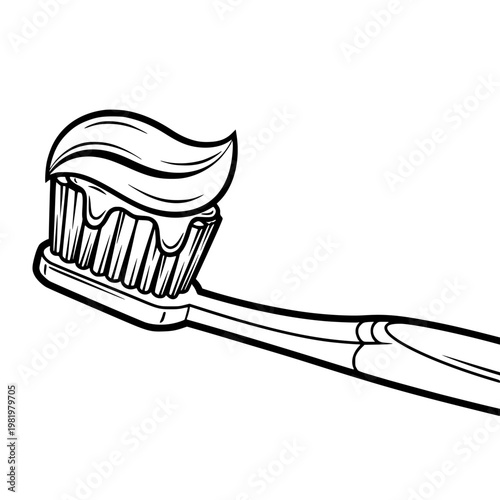 Toothbrush with toothpaste vector illustration showing a classic oral hygiene tool featuring bold black outlines isolated on a transparent background for dental health and medical graphic design.