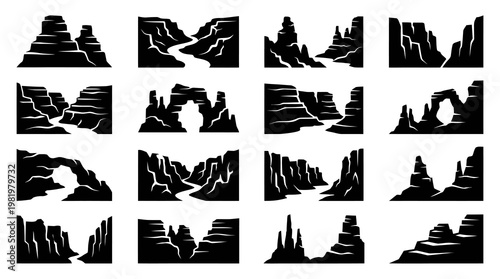 Canyon and Rock Formation Vector Silhouette Icons Set - Nature Landscape Travel Design Elements
