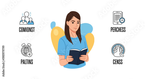 Business woman reading, icons for communications, paintings, computers, censorship, vector illustrations