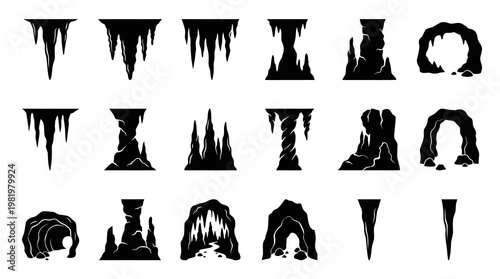Nature  Environment Cave Entrances, Icicles, Stalactites, Glyph Vector Icon Set