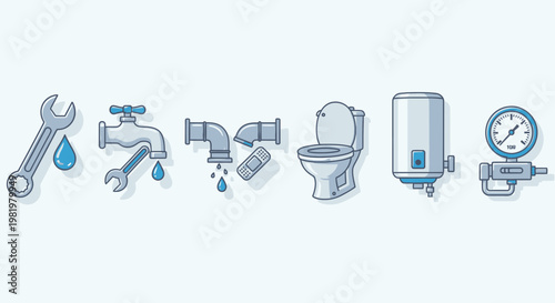 Plumbing and sanitary icons set repair tools and equipment vector illustration