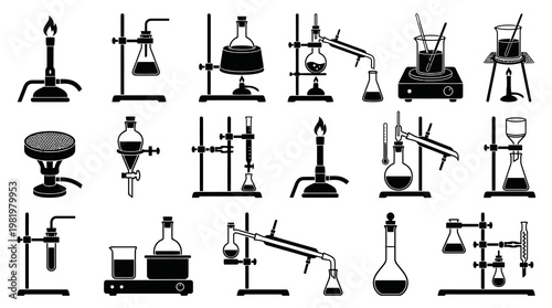 Black  White Chemistry Laboratory Equipment Silhouette Icons Set for Science Research
