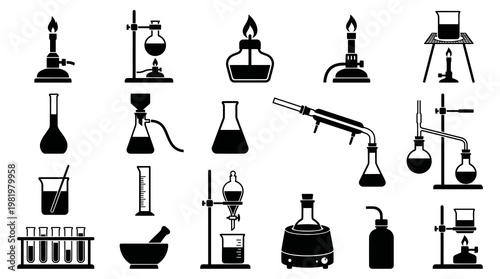 Science and Chemistry Lab Equipment Icons Set - Black and White Glyph Silhouettes