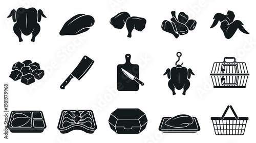 Food and Poultry Industry Glyphs Collection: Chicken Meat, Cutting Tools, and Packaging Icons