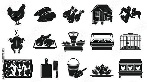 Black and White Chicken and Poultry Food Icons - Vector Set