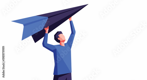 Man flying blue paper airplane, joyful adult male