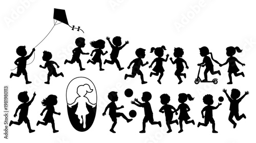 Black Silhouette Children Playing Kite, Ball, Scooter, Vector Art