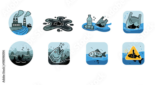 Pollution icons environmental hazards with factories oil spill and plastic waste