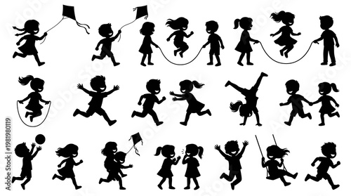 Black  White Silhouettes of Children Playing Outdoor Games, Vector Art