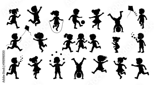 Black Silhouette Children Playing Kites, Jumping Rope, Juggling Balls