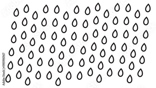 Simple Black Outline Raindrops Pattern on White Background, Minimalist Weather Illustration for Abstract Graphic Design and Seamless Wallpaper Texture.