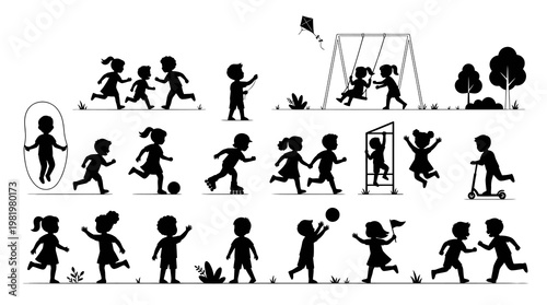 Diverse Kids Playing Silhouettes: Sports, Playground, Outdoor Activities