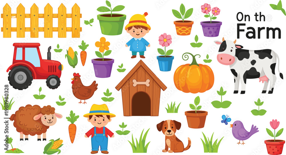 Fototapeta premium Charming Countryside Farm Vector Set Featuring Red Tractor, Dairy Cow, Spotted Dog, and Gardening Characters for Children's Educational Graphic Design and Rural Life Branding