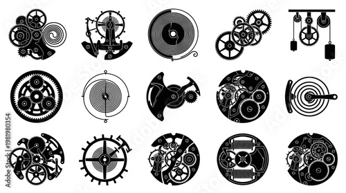 Mechanical Clockwork Gears and Springs Black and White Vector Illustration Set